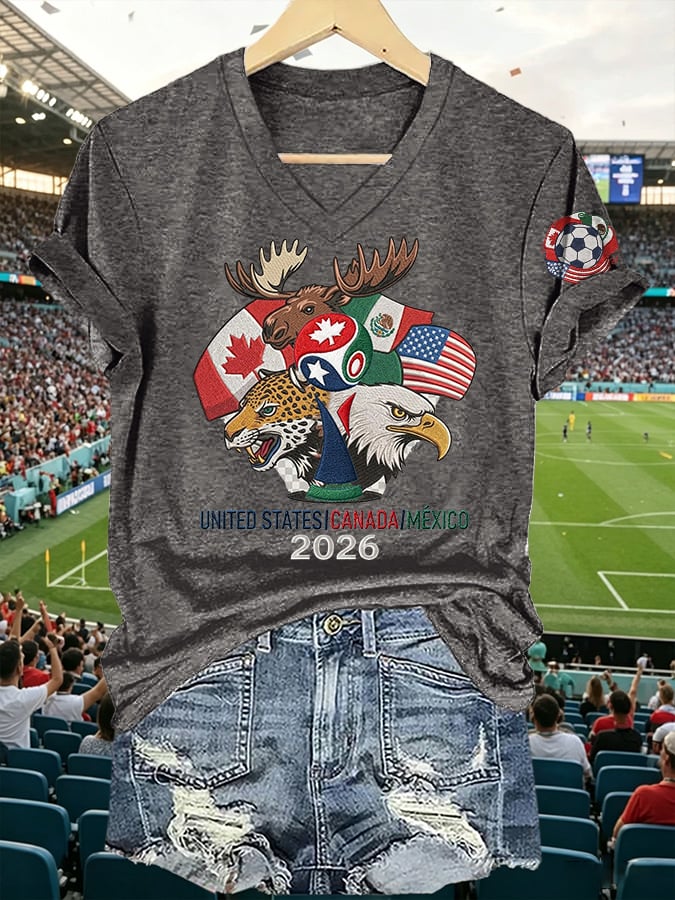 V-Neck Retro 2026 Soccer Mexico United States Canada Print T-Shirt