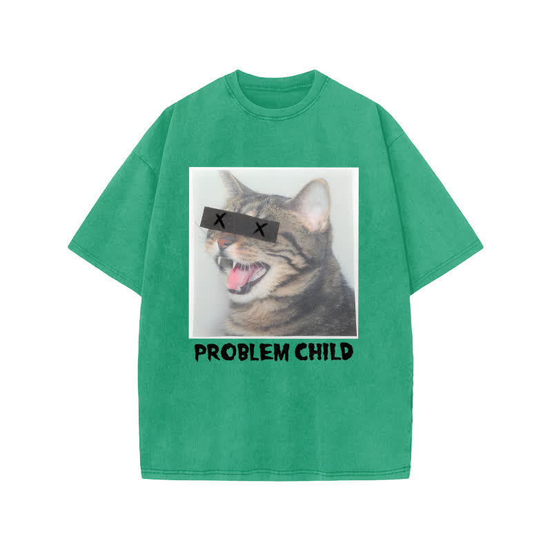 Unisex Problem Cat Art Print Acid Washed T-shirt
