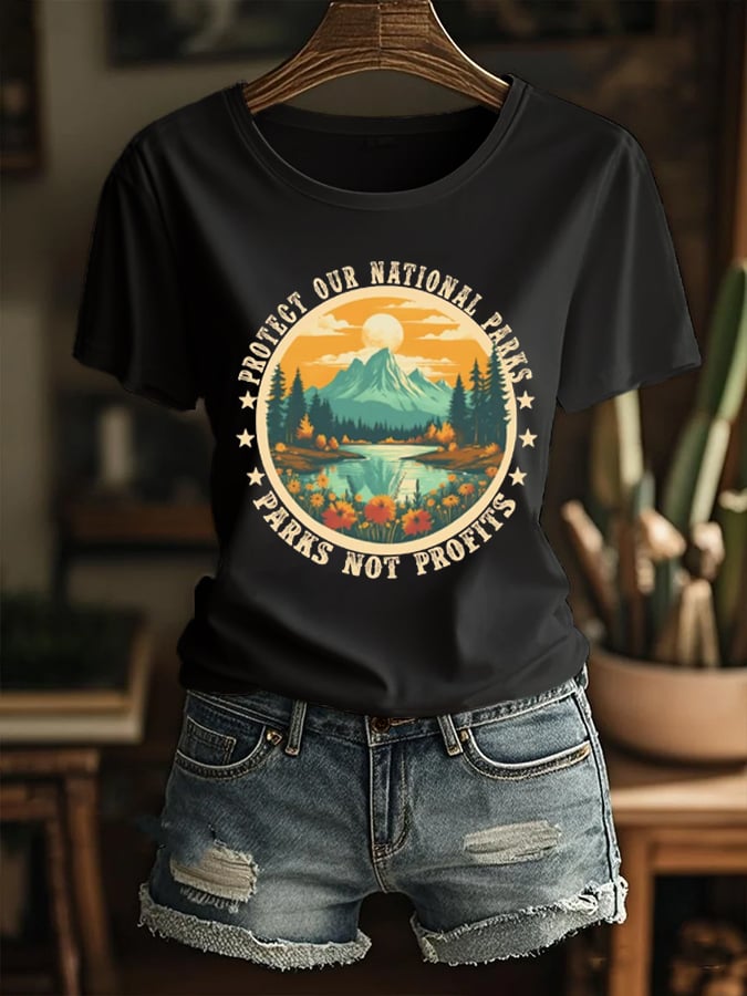 Women's Protect Our National Parks,Parks No Profits Printed Round Neck T-Shirt