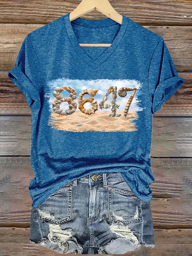 🔥Buy 3 Get 15% Off🔥V-Neck Retro 8647 Beach Seashells Print T-Shirt