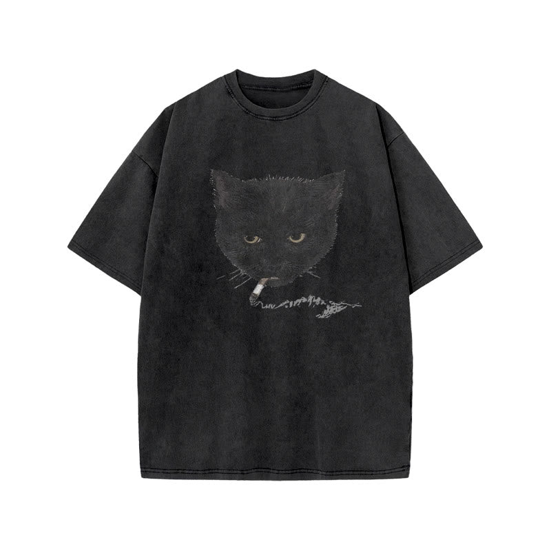 Unisex Smocking Cat Print Acid Washed T-shirt