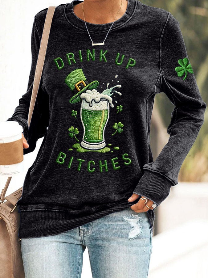 Women's Drink Up St Patrick's Day Print Casual Sweatshirt