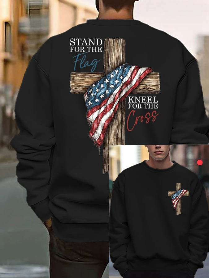 Men's Stand For The Flag Kneel For The Cross Print Casual Sweatshirt