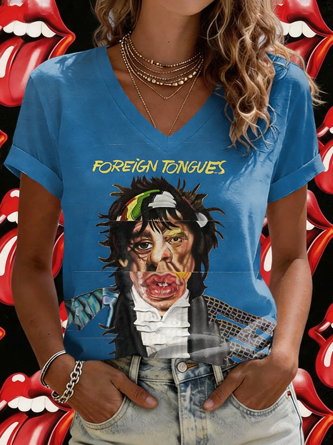 Women's V-Neck Retro Foreign Tongues Print T-shirt