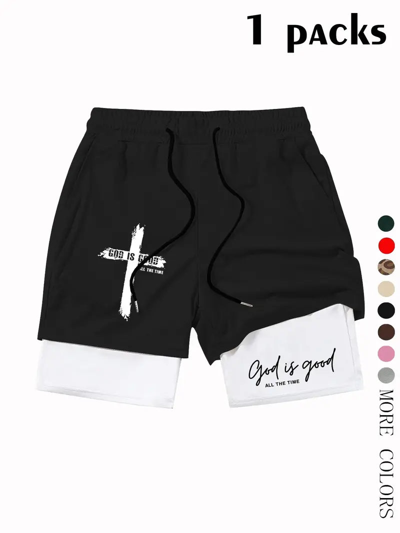 God Is Good Print Drawstring Waist Shorts