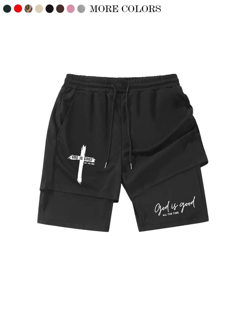 God Is Good Print Drawstring Waist Shorts
