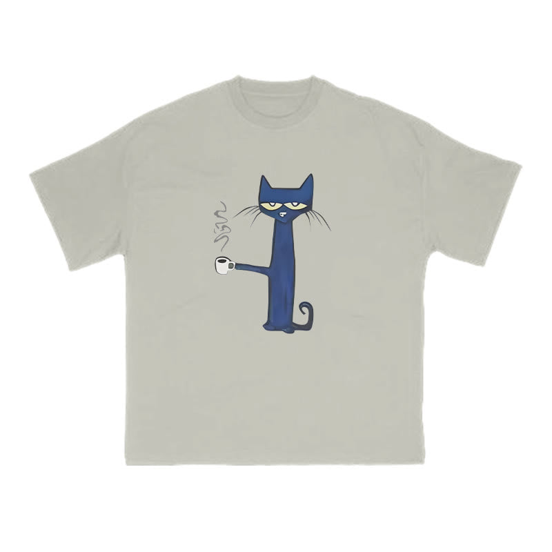 Unisex Cat Drinking Coffee Print T-shirt