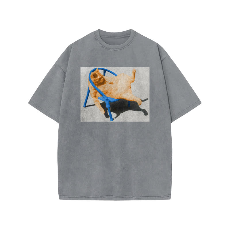 Unisex Cat Lying Flat Print Acid Washed T-shirt