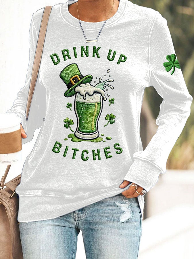 Women's Drink Up St Patrick's Day Print Casual Sweatshirt