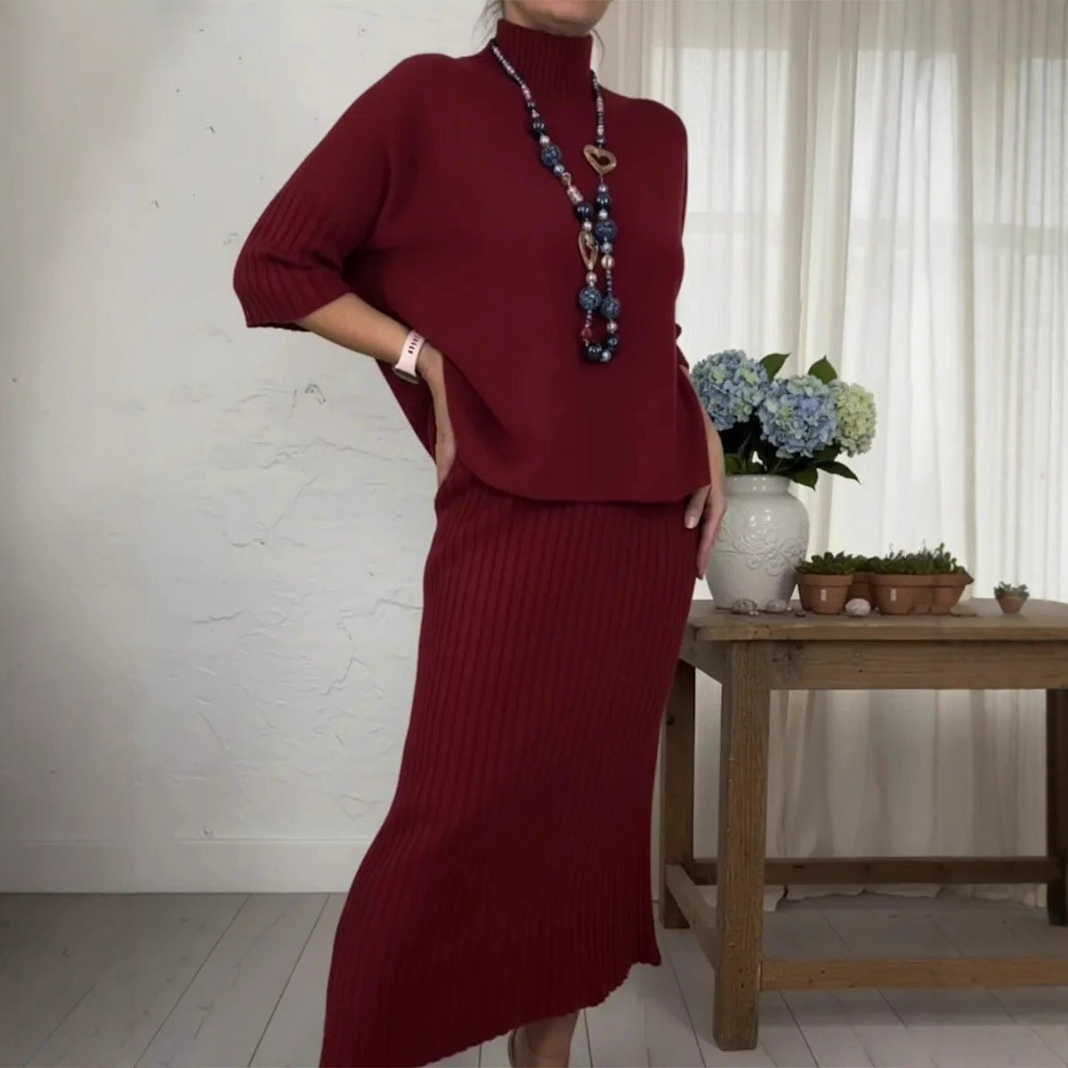 Elegant Knitted Turtleneck Sweater And Skirt Two-piece Set