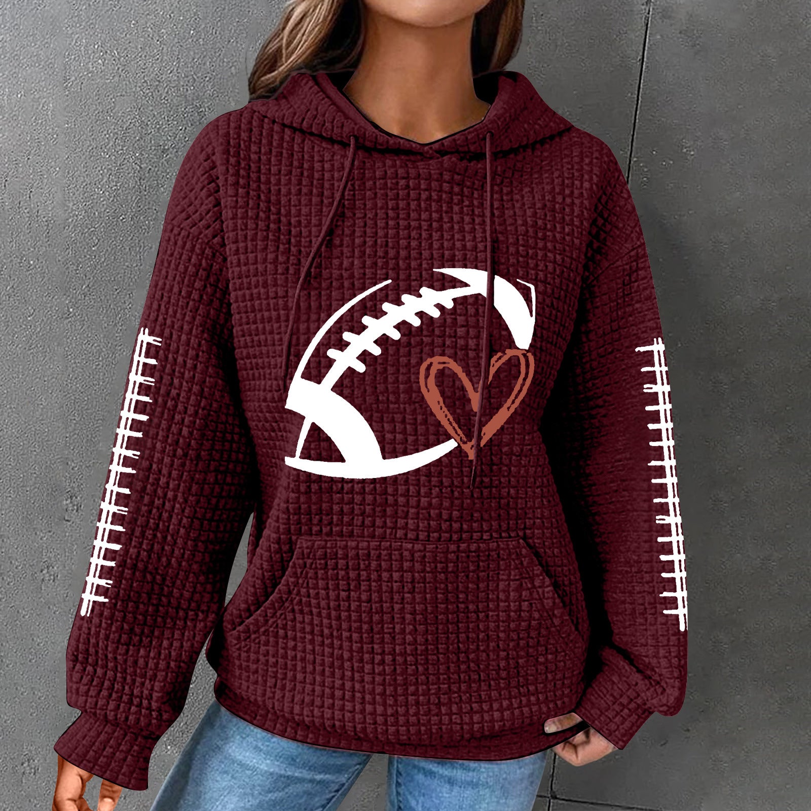 New rugby print women's pullover hooded waffle sweatshirt