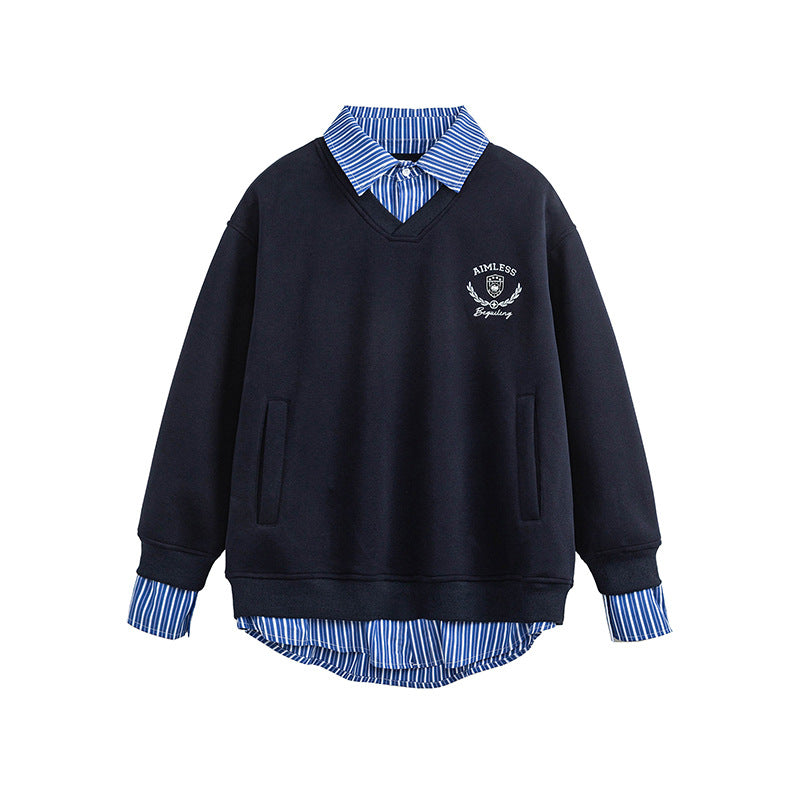 Unisex retro-style faux two-piece plaid patchwork collared sweatshirt