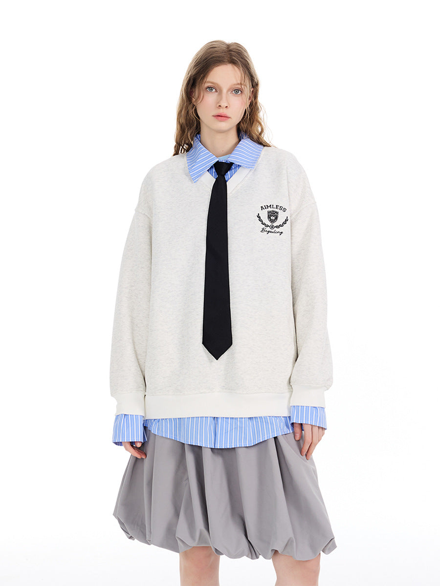 Unisex retro-style faux two-piece plaid patchwork collared sweatshirt