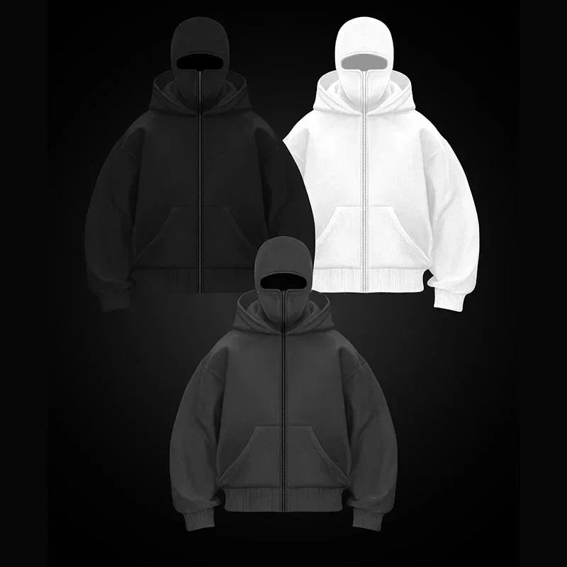 ⏳ Last day to save 50%🖤🔥Unisex Full Face Zipped Hoodie – Oversized Streetwear Balaclava Zip-Up Sweatshirt 🖤🔥