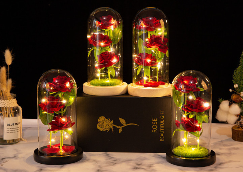 Rose in a glass dome preserved flower  creative Valentine's Day night light.