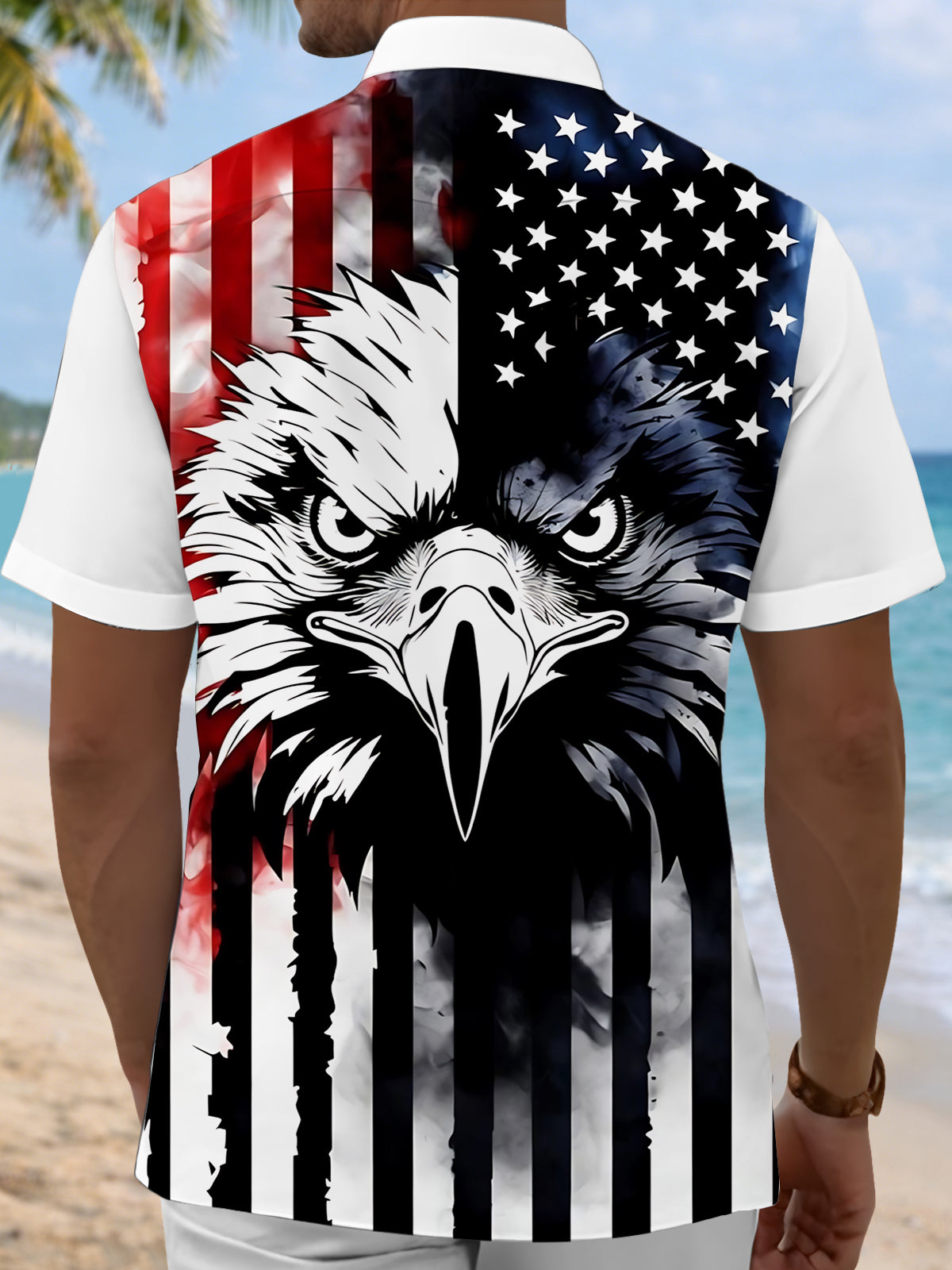 Eagle American Flag Print Men's Pocket Short Sleeve Shirts