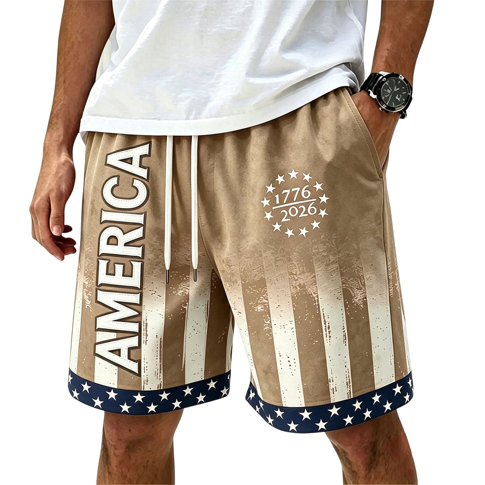 American Flag Shorts 1776-2026 Independence Day Print Casual Summer Drawstring Shorts