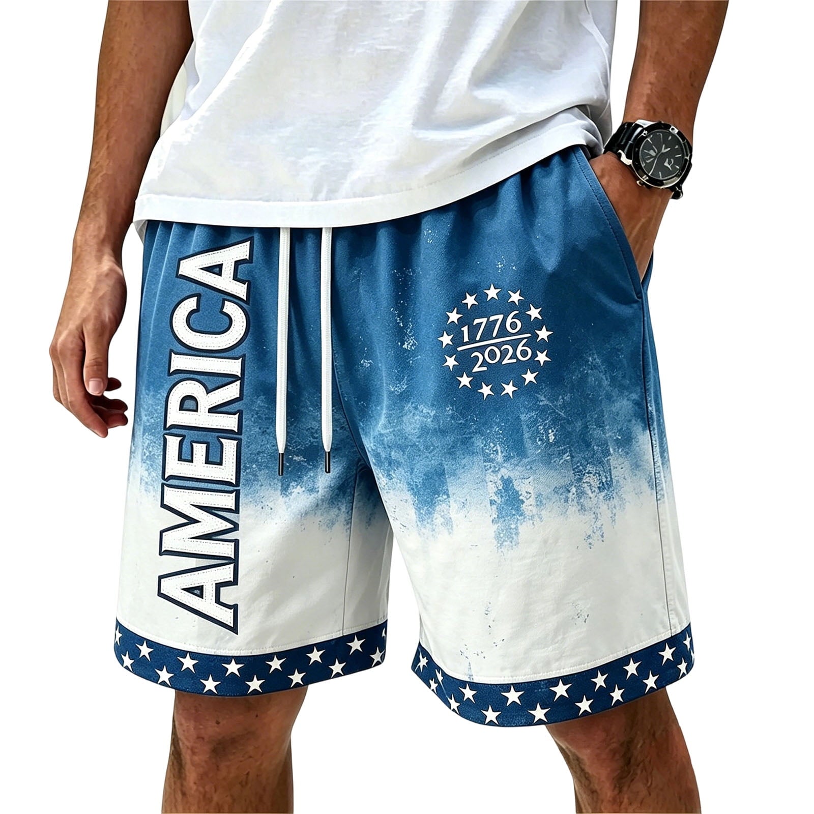 American Flag Shorts 1776-2026 Independence Day Print Casual Summer Drawstring Shorts