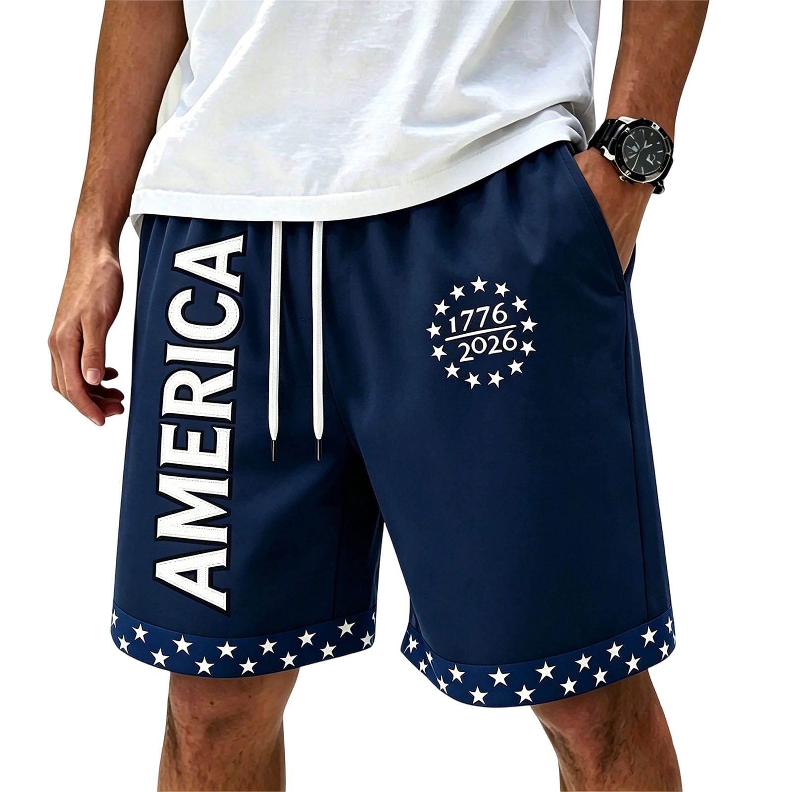 American Flag Shorts 1776-2026 Independence Day Print Casual Summer Drawstring Shorts