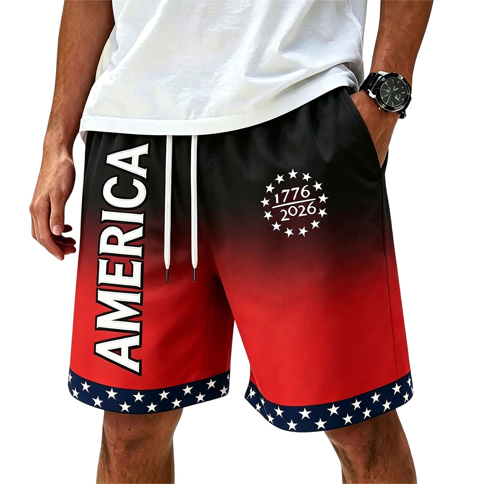 American Flag Shorts 1776-2026 Independence Day Print Casual Summer Drawstring Shorts
