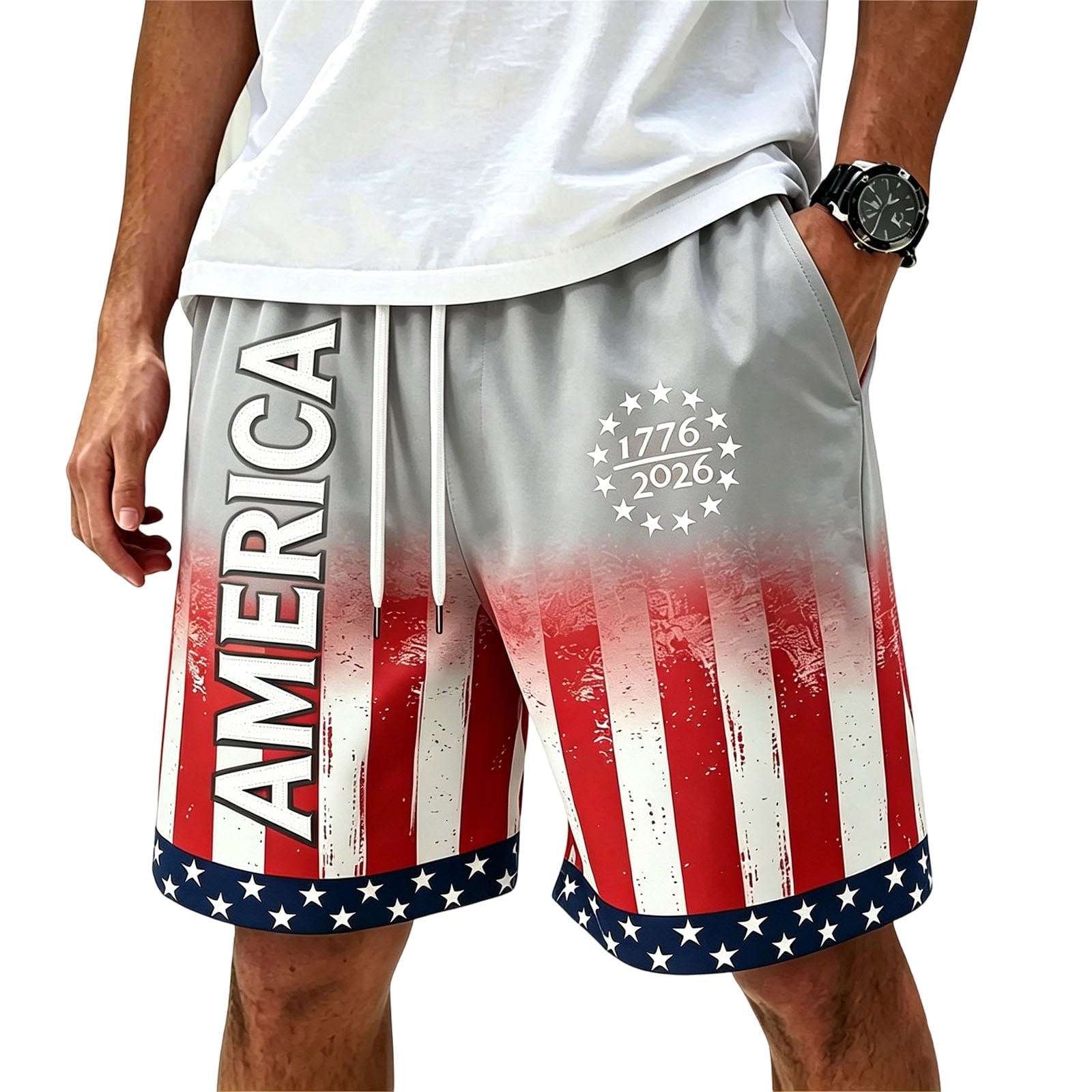 American Flag Shorts 1776-2026 Independence Day Print Casual Summer Drawstring Shorts