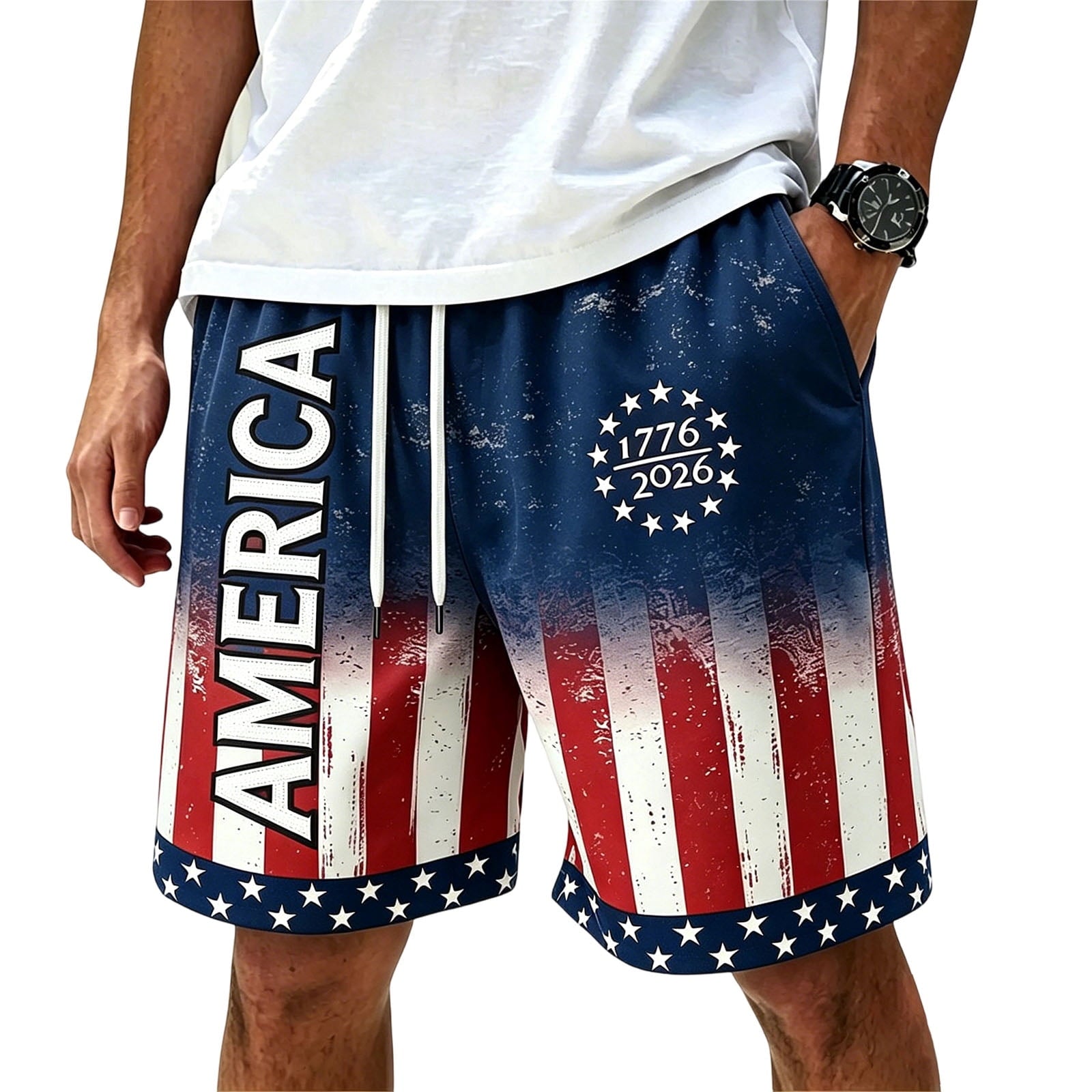 American Flag Shorts 1776-2026 Independence Day Print Casual Summer Drawstring Shorts