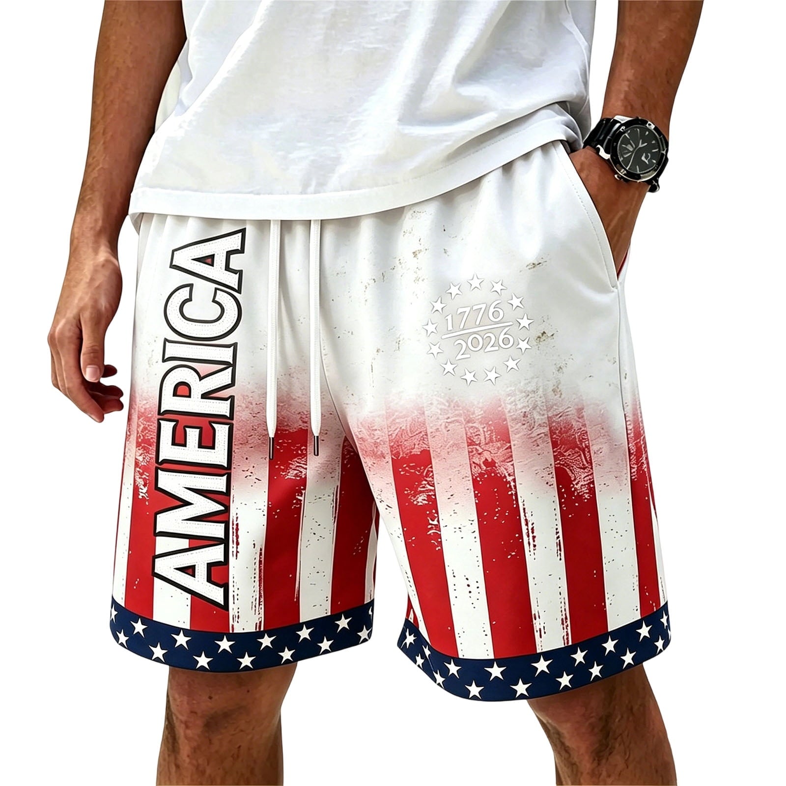 American Flag Shorts 1776-2026 Independence Day Print Casual Summer Drawstring Shorts