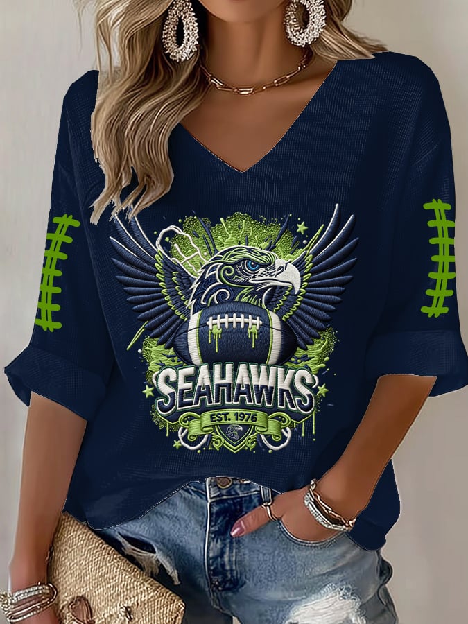 Women's V-Neck Retro Football Print T-Shirt