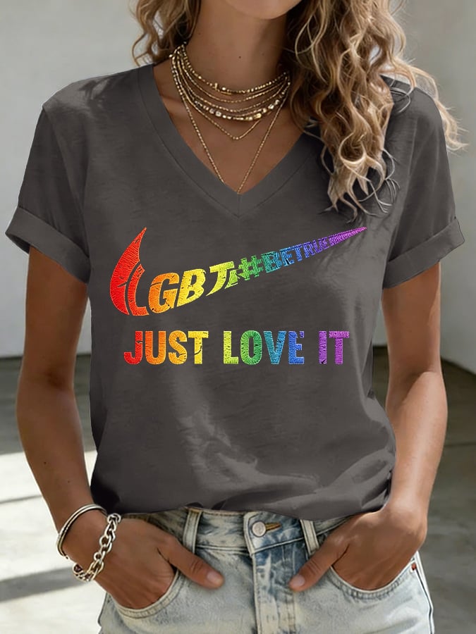 V-Neck Retro Pride Parade Be True Just Love It Print T-Shirt
