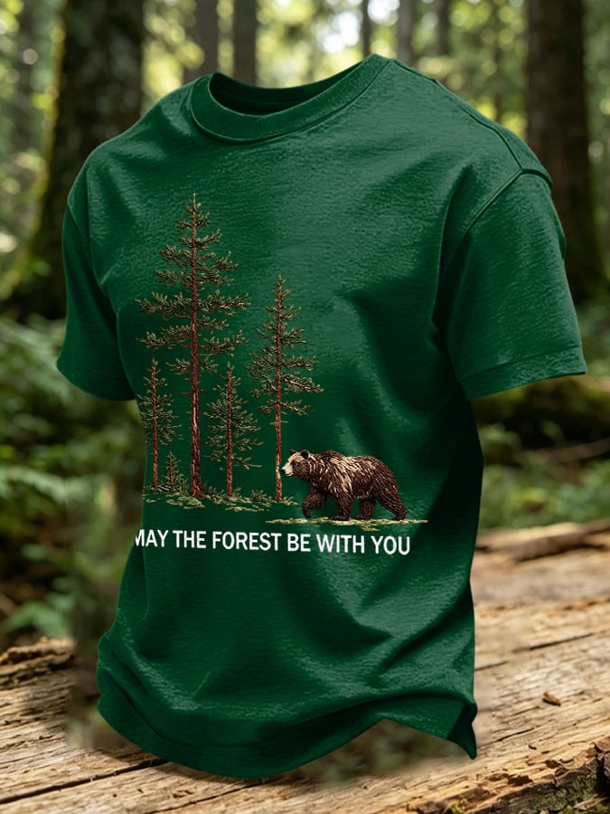 Men's Retro May The Forest Be With You Print Round Neck T-Shirt