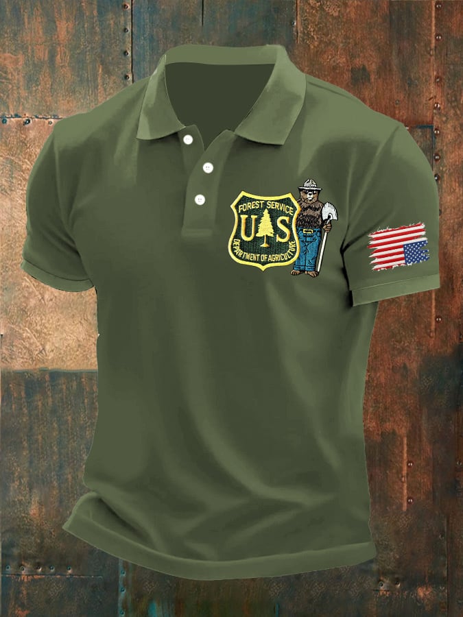Men's Retro Save The Forest Service Printed Polo Shirt