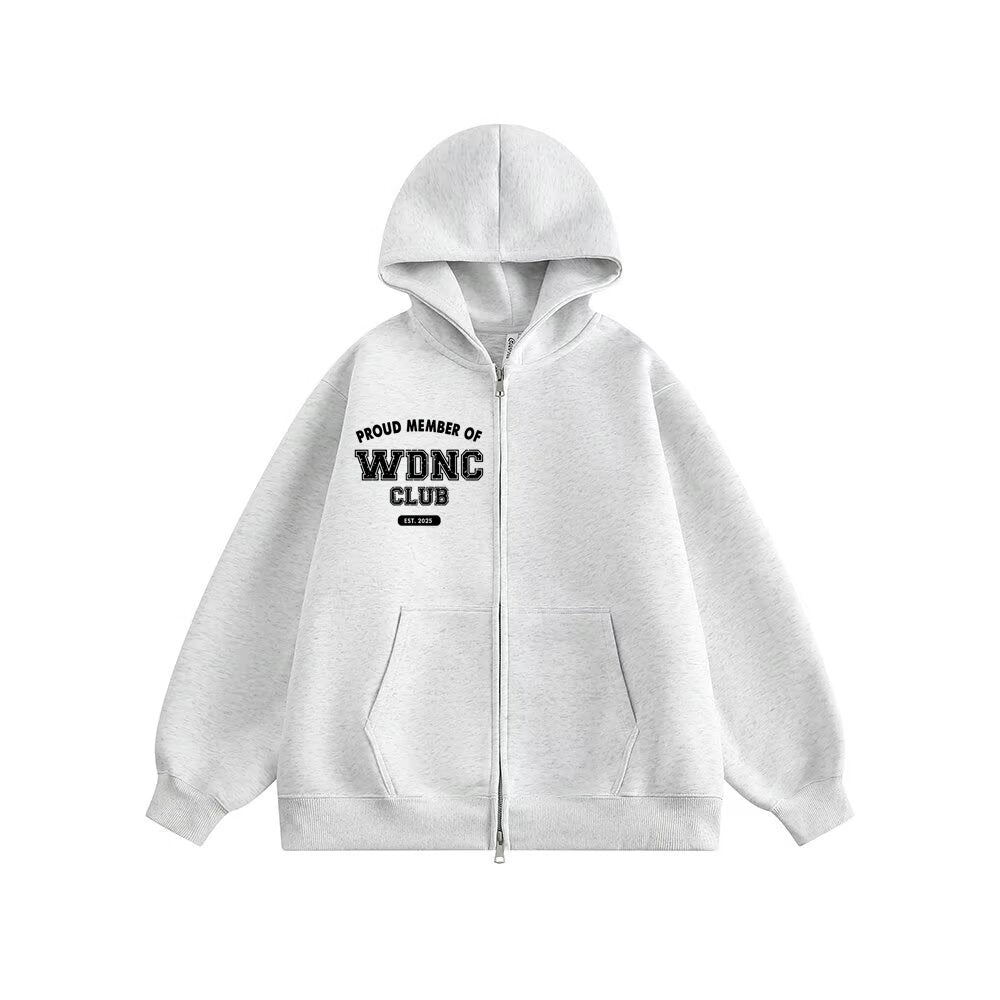 Retro and fun WDNC Club Menopause/Perimenopause printed hooded jacket