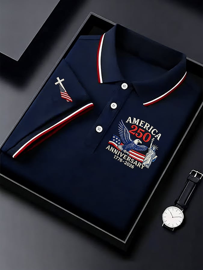 Men's Retro 250th Anniversary of the United States Print  Independence Day Cross Print Polo Shirt