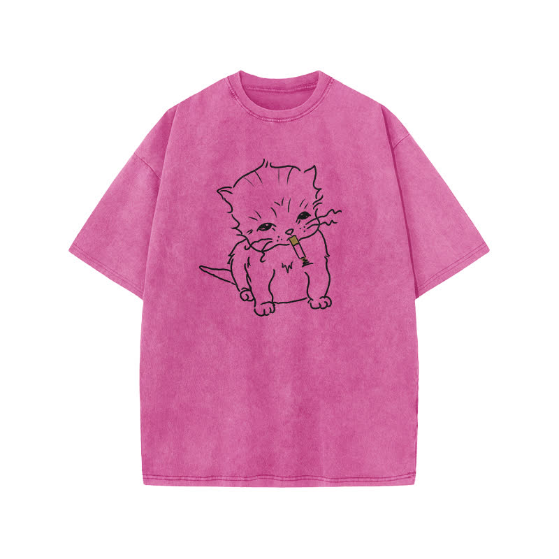 Unisex Smoking Cat Print Acid Washed T-shirt