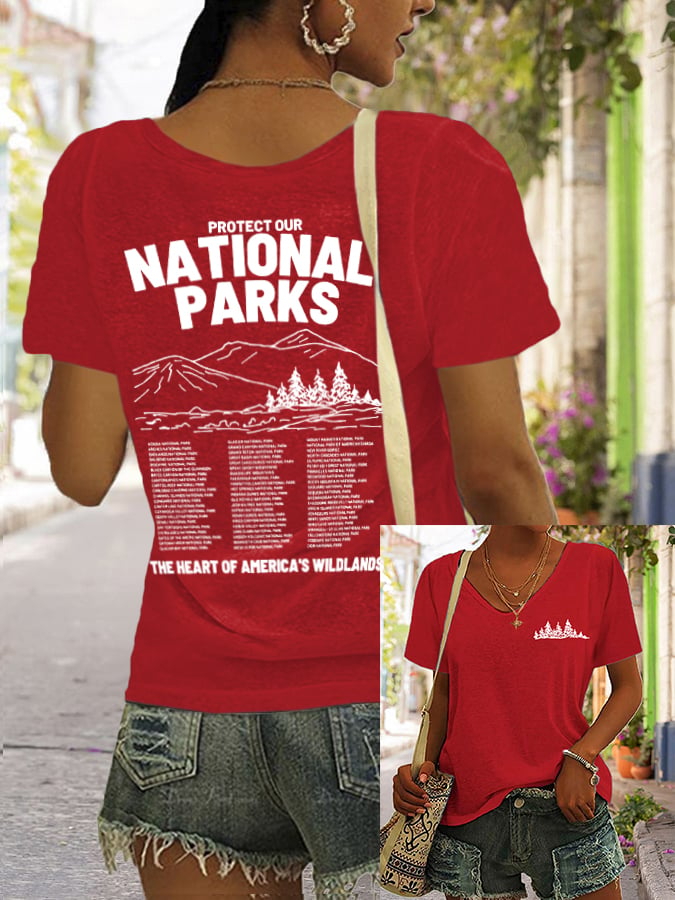 Women's Protect Our National Parks Print V Neck Casual T-Shirt