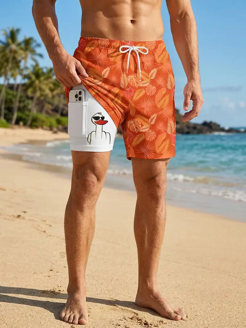 Unisex Prank Duck Print 2-in-1 Beach Shorts