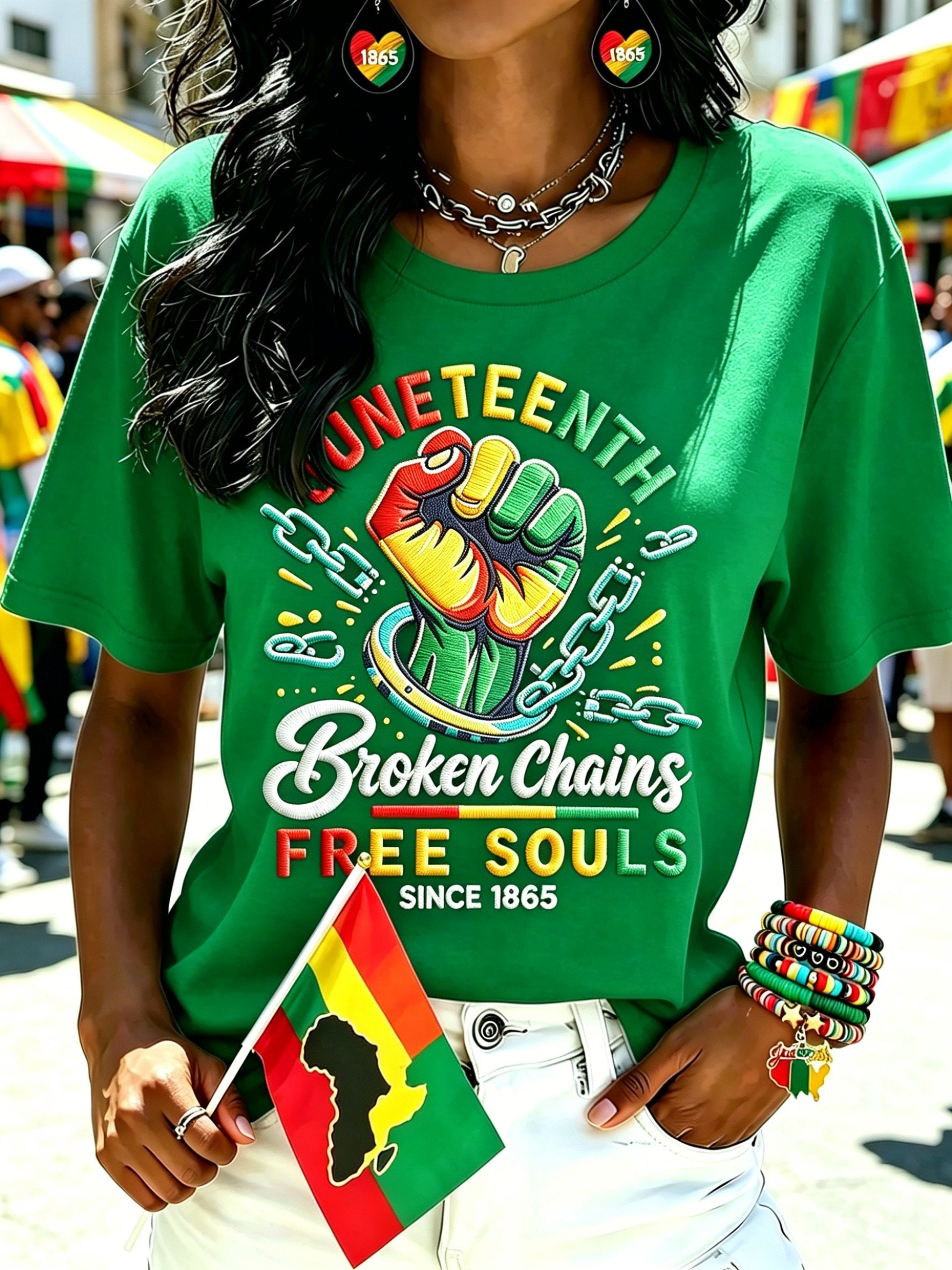 Women's Juneteenth "Chains Broken, Souls Free" Graphic Crewneck T-Shirt