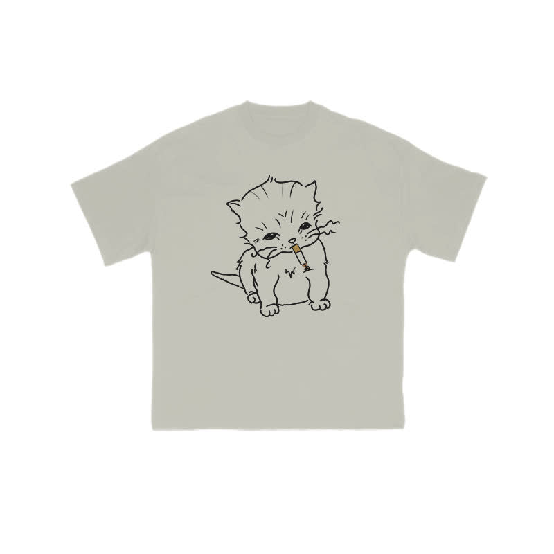 Unisex Smoking Cat Print T-shirt