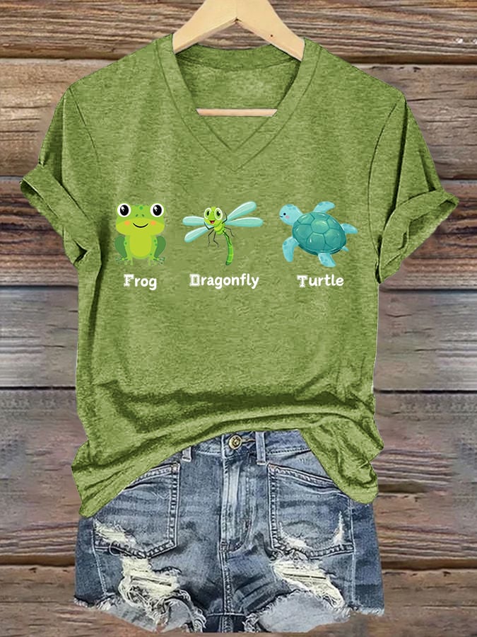 Women's Frog Dragonfly Turtle Printed T-Shirt