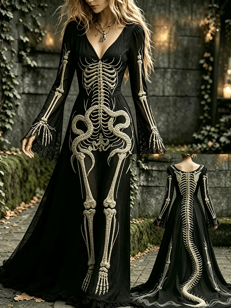 Women's Retro Human Anatomy And Snake Halloween Patterns Print Dress