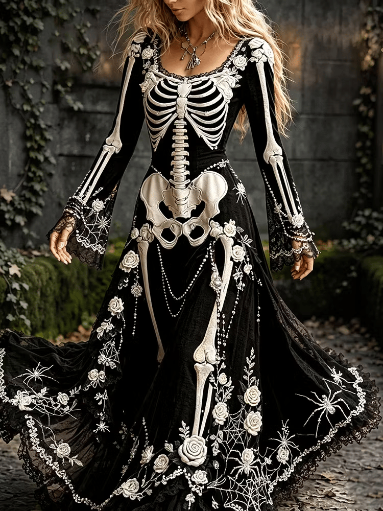 Women's Retro Gothic Halloween Design Featuring Spider, Skull, and Floral Motifs Print Dress