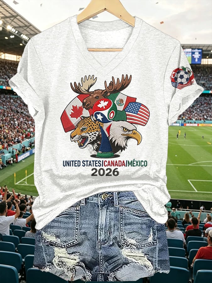 V-Neck Retro 2026 Soccer Mexico United States Canada Print T-Shirt