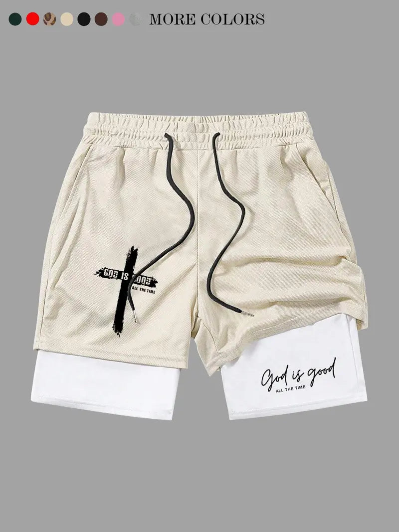 God Is Good Print Drawstring Waist Shorts
