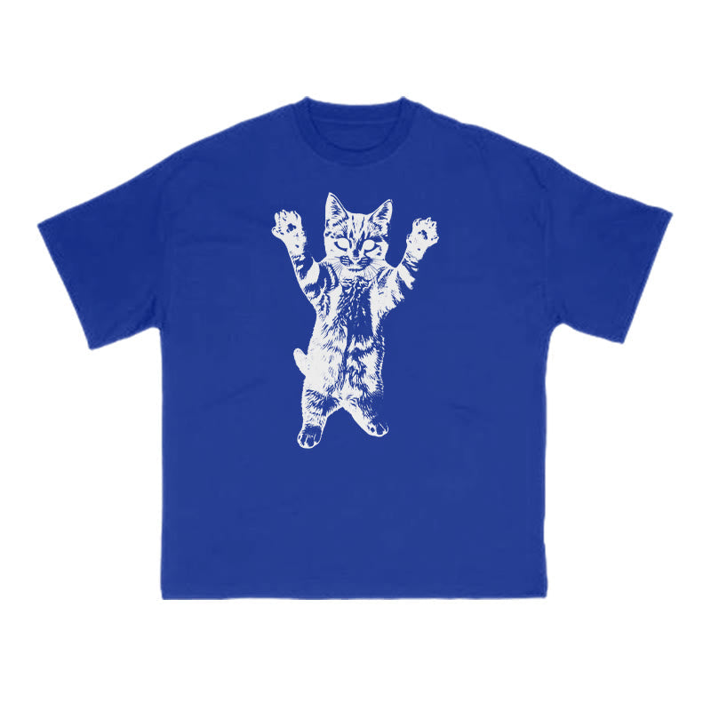 Funny Cat With Its Paws Up Print T-shirt