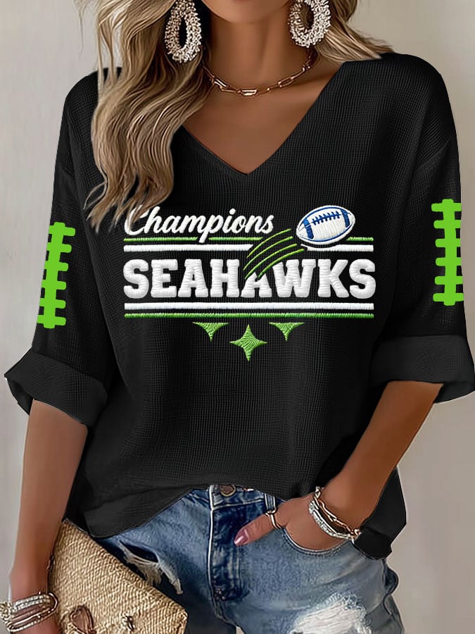 Women's Football Print Waffle Long Sleeve T-Shirt