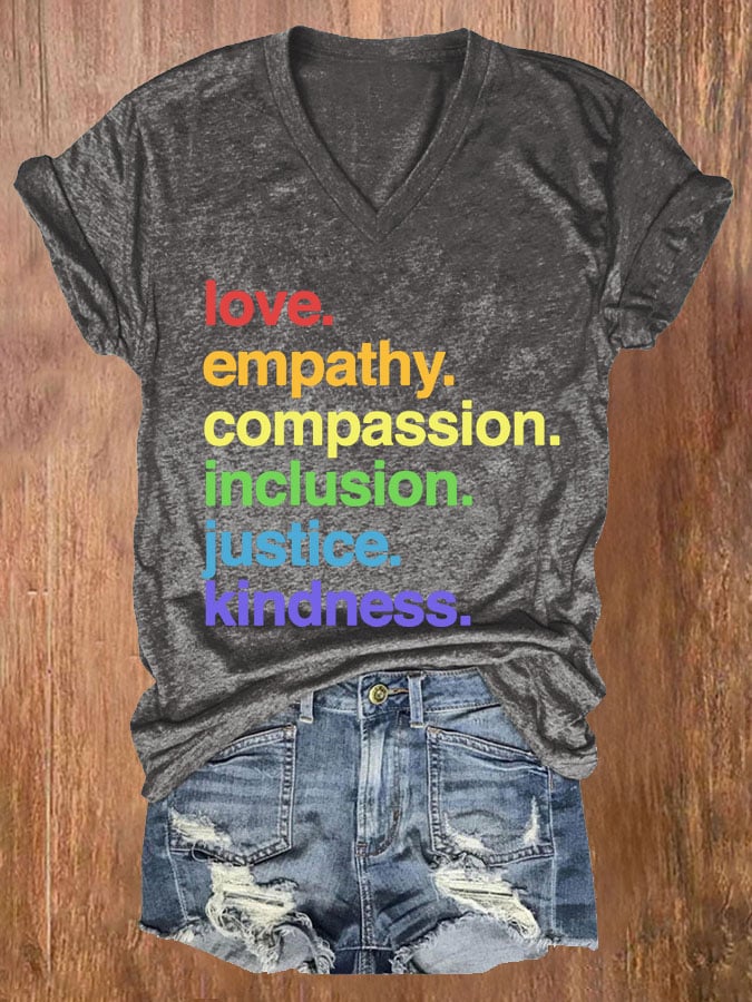 Women's Kindness Is Pride Print V Neck Casual T-shirt