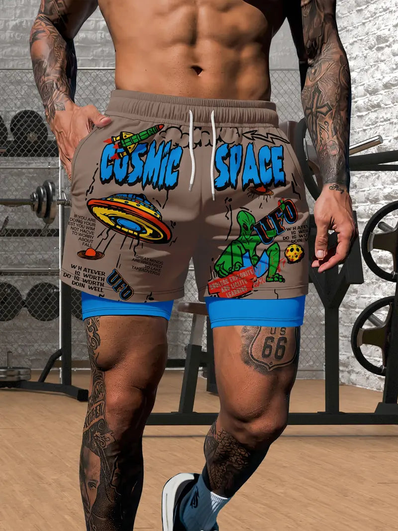Unisex Alien Spaceship Print Casual Wear Shorts
