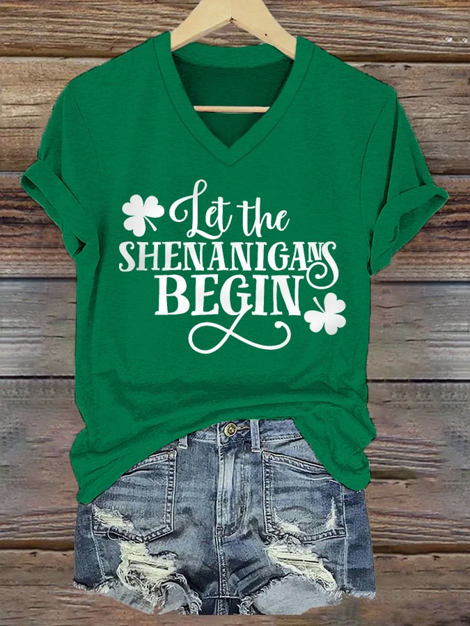 Women's Funny St. Patrick's Day Let The Shenanigans Begin Shamrock Print Casual V-Neck Tee