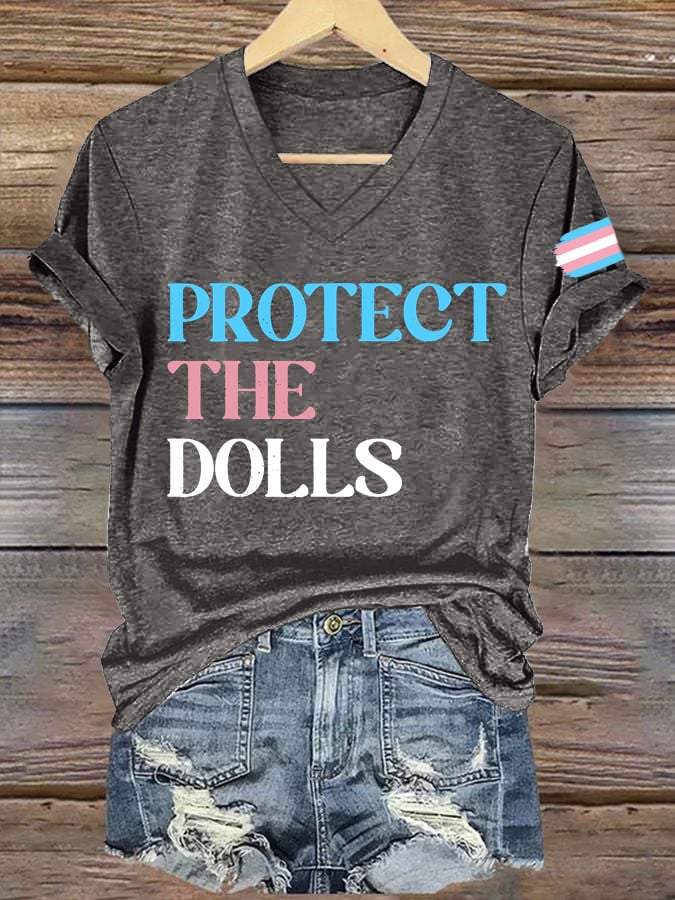 Women's Protect The Dolls Printed V Neck T-shirt