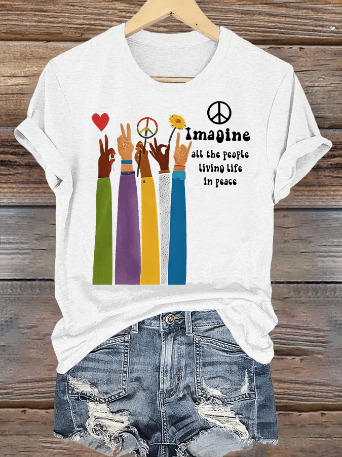 Women's  Raised Hand Print Imagine Lyrics T-Shirt
